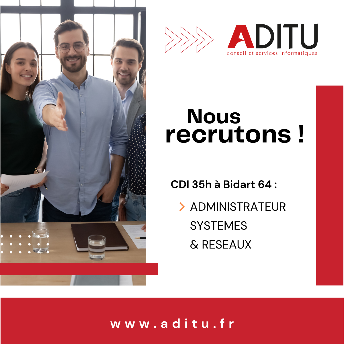 ADITU recrute un(e) ADMINISTRATEUR SYSTEMES & RESEAUX