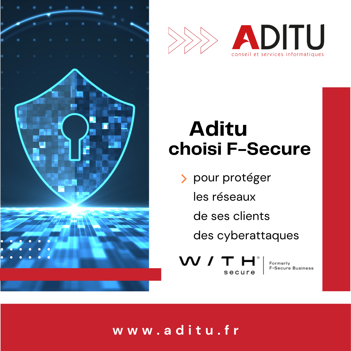 ADITU a choisi WithSecure pour protéger ses réseaux des cyberattaques Dans une volonté de toujours assurer une sécurité maximale des réseaux de ses clients, ADITU a choisi d’utiliser WithSecure au sein des datacenters de Bidart (64) et Dax (40).