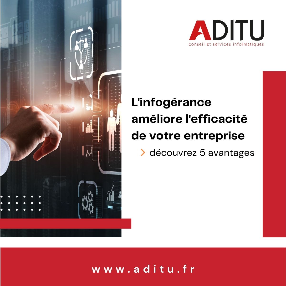 ADITU vous propose d’externaliser tout ou partie de votre système informatique. Vos serveurs sont obsolètes, ou vous ne souhaitez pas investir dans du matériel ? Nous pouvons vous fournir l’infrastructure matérielle via plusieurs solutions d’hébergement possibles. Nous accueillons aussi vos serveurs et vos baies que nous intégrons dans notre data center sécurisé.